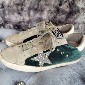 RARE Golden Goose Superstar Suede Green Velvet Glitter Low-Top Sneakers Size 39